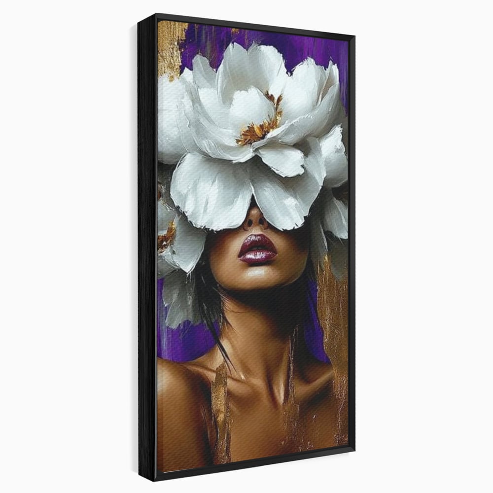 Tablou canvas cu tablou canvas cu femeie si flori albe, in rama de aluminiu negru
